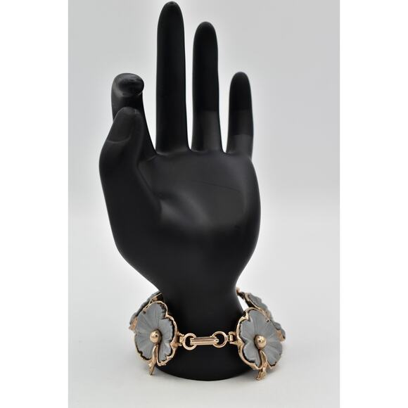 Vintage 7.5" Flower Bracelet Linked Chain Matte Gray Chunky Gold Tone 1960s BinO - Picture 8 of 12